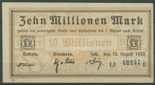 Cochem Simmern Zell 10 Millionen Mark 1923, Keller 875 a1, gebraucht (K1838)