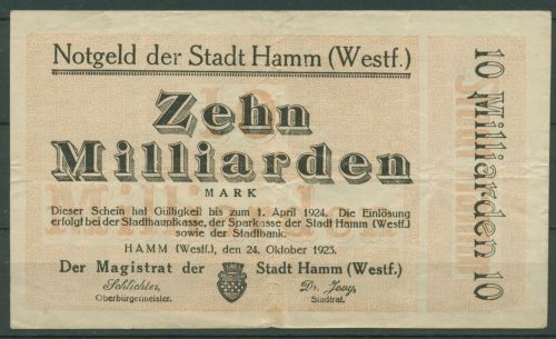 Hamm Westfalen 10 Milliarden Mark 1923, Keller 2141 g, gebraucht (K1844)