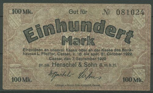 Kassel Henschel 100 Mark 1922, Brendel 67 Af gebraucht (K681)