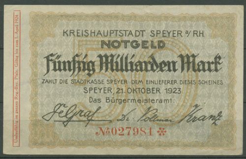 Speyer Pfalz 50 Milliarden Mark 1923, Keller 4834 t, gebraucht (K1845)