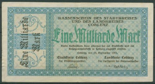 Coblenz 1 Milliarde Mark 1923 ohne Zonenstempel, Keller 866 v, gebraucht (K1846)