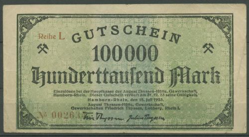 Hamborn August-Thyssen-Hütte 100000 Mark 1923, Keller 2106 d, gebraucht (K1847)