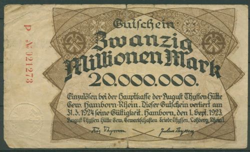 Hamborn August-Thyssen-Hütte 20 Mio Mark 1923, Keller 2106 l, gebraucht (K1848)