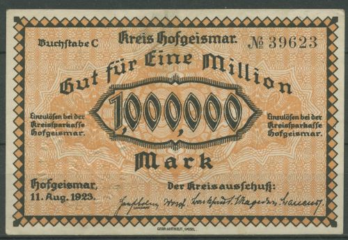 Hofgeismar 1 Million Mark 1923, Keller 2410 a KZ oben, leicht gebraucht (K1850)
