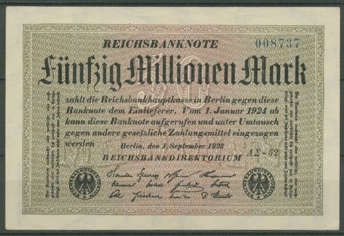 Dt. Reich 50 Mio Mark 1923, DEU-123i, KN blau FZ AΣ, leicht gebraucht (K1853)