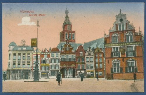 Nijmegen Marktplatz Geschäfte, gelaufen 1930, Marke fehlt (AK2600)