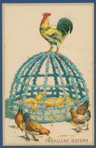 Fröhliche Ostern Hahn Hühner und Küken, Prägekarte, gelaufen 1913 (AK4971)