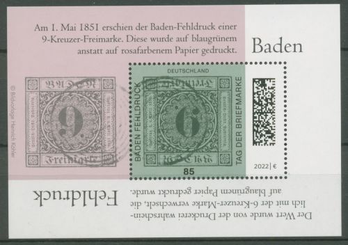 Bund 2022 Tag d. Briefmarke Baden-Fehldruck Block 90 postfrisch (C62884)