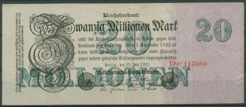 Dt. Reich 20 Millionen Mark 1923, DEU-108b FZ P, leicht gebraucht (K1303)