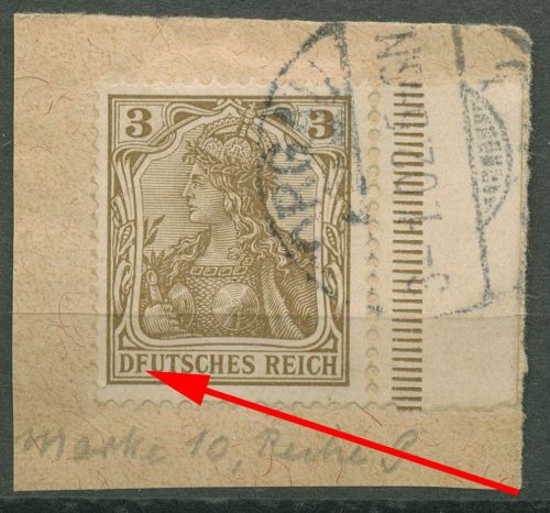 Deutsches Reich 1902 Germania Plattenfehler 69 I gestempelt geprüft, Briefstück