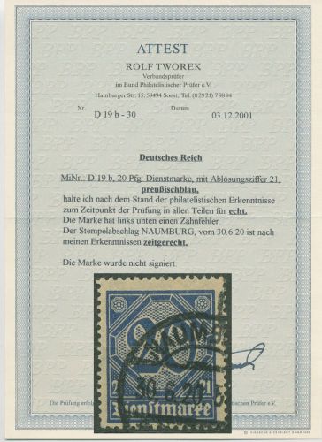 Dt. Reich Dienst 1920 für Preußen D 16 b gestemp. geprüft Attest kl. Zahnfehler