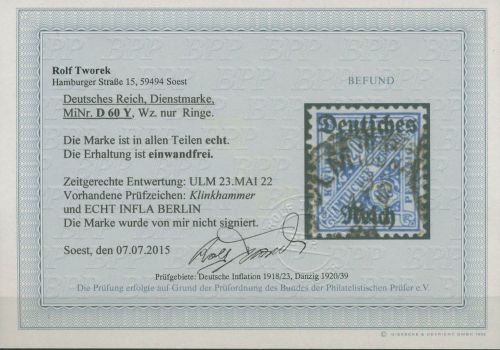 Dt. Reich Dienst 1920 Württemberg mit Aufdruck D 60 Y gestempelt geprüft Befund