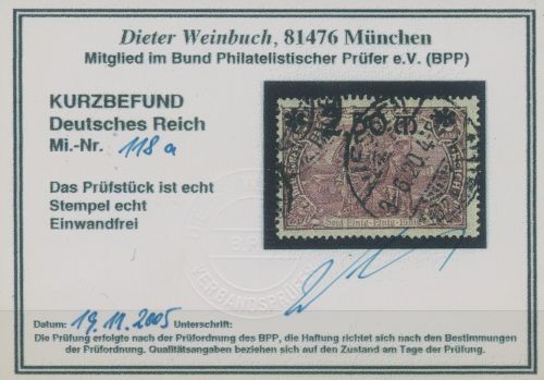 Deutsches Reich 1920 Genius mit Fackel 118 a gestempelt geprüft mit Befund