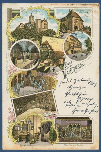 Gruß von d. Wartburg Rüstkammer Der Sängerkrieg, gelaufen 1902 (AK5069)