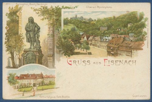 Eisenach Markt Geburtshaus u. Bach-Denkmal, gelaufen 1898 Bahnpost (AK5062)