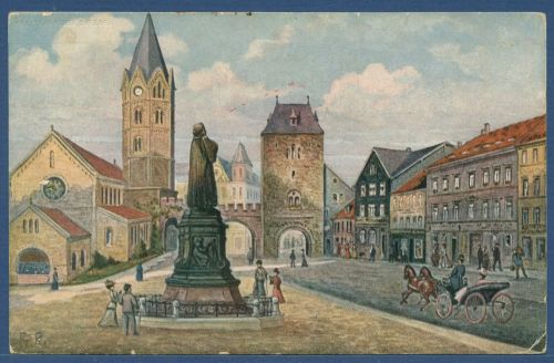 Eisenach Carlsplatz mit Luthrtdenkmal, gelaufen 1910 mit Bahnpost (AK5059)