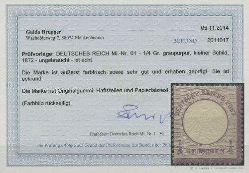 Dt. Reich 1872 Adler mit kleinem Brustschild 1 mit Falz geprüft mit Befund