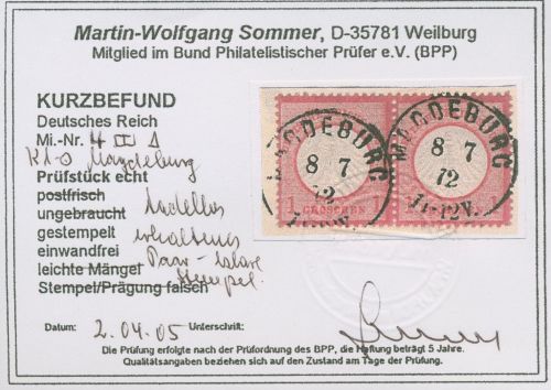 Dt. Reich 1872 Adler kl. Brustschild 4 Paar Stempel K1 MAGDEBURG geprüft Befund