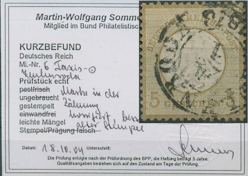 Dt. Reich 1872 Adler kl. Brustschild 6 gest. geprüft Befund, minimal nachgezähnt