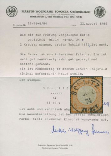 Deutsches. Reich 1872 gr. Brustschild 24 gestempelt geprüft mit Fotoattest