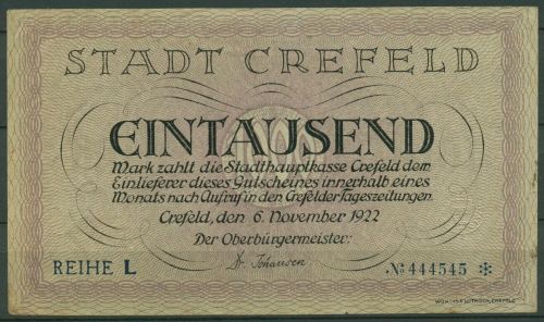 Crefeld 1000 Mark 1922, Müller 895.2, gebraucht (K1837)