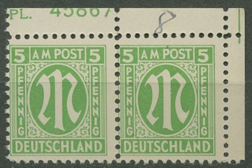 Bizone 1945 AM-POST: Amerik. Druck mit Plattennummer 3 y Pl.-Nr. oben postfrisch