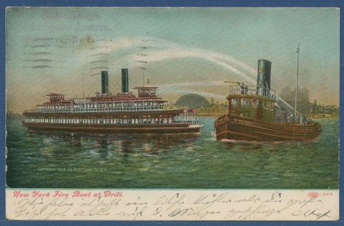 New York Fire Boat beim Löschen, gelaufen 1908 (AK5153)