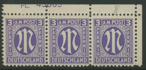 Bizone 1945 AM-POST Amerik. Druck mit Plattennummer 1 x Pl.-Nr. oben postfrisch