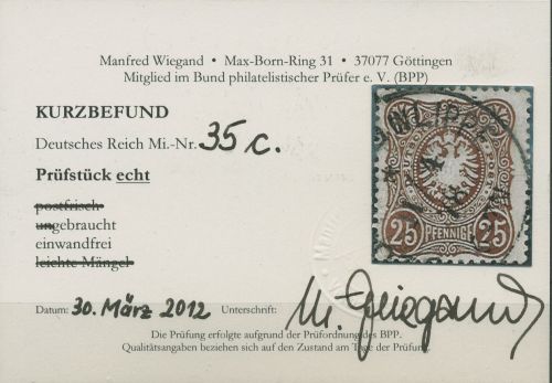 Deutsches Reich 1875 PFENNIGE 35 c gestempelt geprüft mit Befund