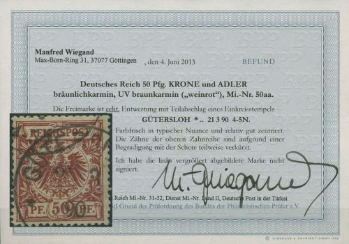Dt. Reich 1889 Krone/Adler 50 aa gestempelt geprüft mit Befund, kleiner Fehler