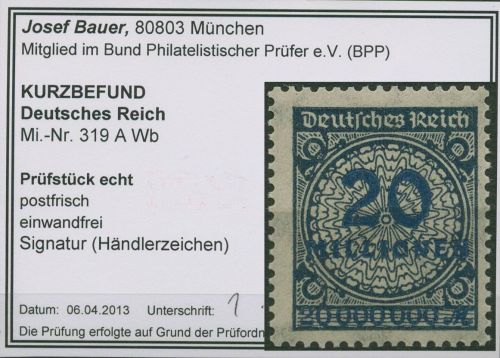 Dt. Reich 1923 Korbdeckel Walzendruck 319 AWb postfrisch geprüft mit Befund