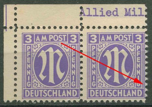 Bizone 1945 Am. Druck mit Plattenfehler 1 z f 2, Papier z postfrisch
