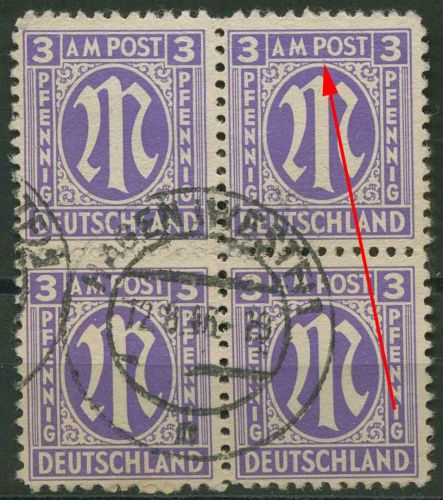 Bizone 1945 Am. Druck m. Plattenfehler 1 z f 5 im 4er-Block, Papier z gestempelt