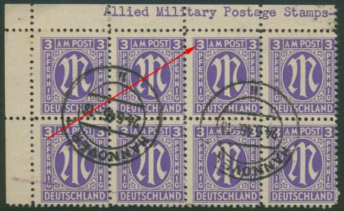 Bizone 1945 Amerik. Druck Plattenfehler 1 z I im 8er-Block, Papier z gestempelt
