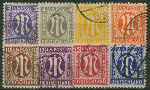 Bizone 1945 AM-POST Amerik. Druck Papier x komplett 8 Werte 1/9 x gestempelt