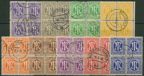 Bizone 1945 AM-POST: Amerikanischer Druck 1/9 z 4er-Block, Papier z gestempelt