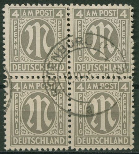 Bizone 1945 AM-POST Amerik. Druck 2 x 4er-Block, Papier x gestempelt