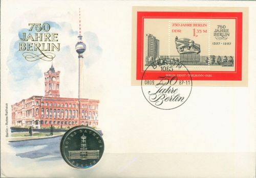 DDR 1987 Numisbrief 750 Jahre Berlin mit 5 Mark Rotes Rathaus Block 89 (X16677)