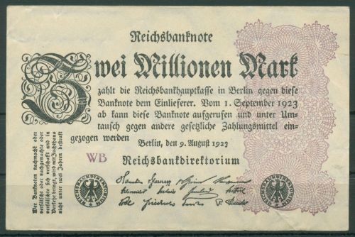 Dt. Reich 2 Millionen Mark 1923, DEU-116d FZ WB, leicht gebraucht (K1259)