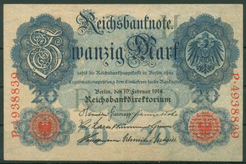 Dt. Reich 20 Mark 1914, DEU-41b Serie H/P, leicht gebraucht (K1552)