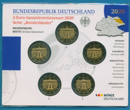 Deutschland 2 Euro 2020 Brandenburg Originalsatz st OVP (m5857)