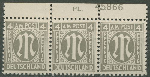 Bizone 1945 AM-POST Amerik. Druck mit Plattennummer 2 x Pl.-Nr. oben postfrisch
