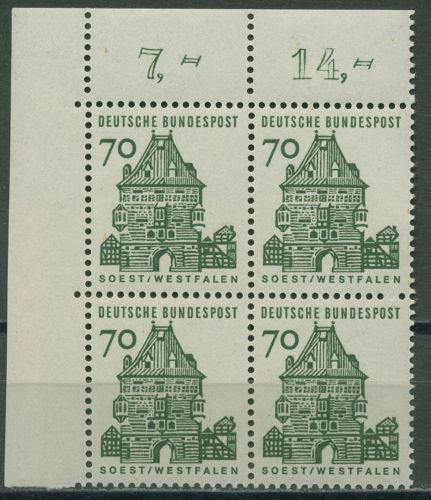 Bund 1964/65 Bauwerke klein, Soest Westfalen 460 4er-Block Ecke 1 postfrisch