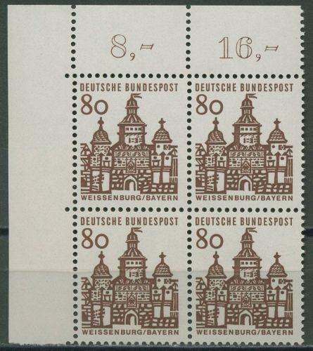 Bund 1964/65 Bauwerke klein, Weissenburg Bayern 461 4er-Block Ecke 1 postfrisch