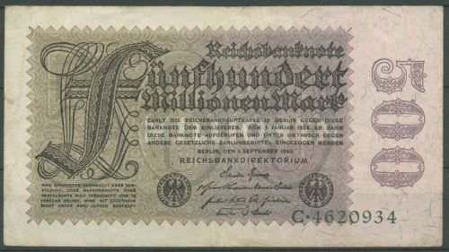Dt. Reich 500 Millionen Mark 1923, DEU-124, gebraucht (K1175)