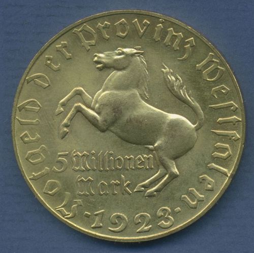 Westfalen 5 Millionen Mark 1923 vergoldet, Freiherr v. Stein, J N22 vz (m6800)
