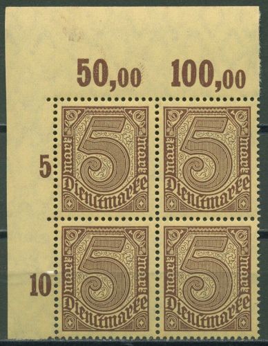Dt. Reich Dienst 1920 Platte Oberrand D 33 a P OR 4er-Block Ecke 1 postfrisch