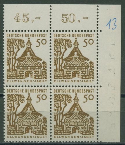 Bund 1964/65 Bauwerke klein Schlosstor Ellwangen 458 4er-Block Ecke 2 postfrisch