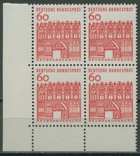 Bund 1964/65 Bauwerke klein, Neubrandenburg 459 4er-Block Ecke 3 postfrisch