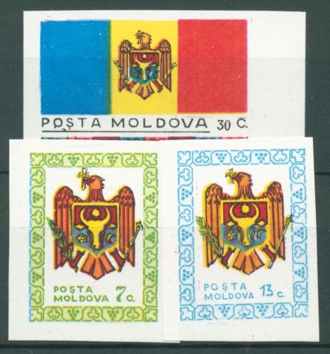 Moldawien 1991 Proklamation der Souverenität Flagge Wappen 1/3 postfrisch